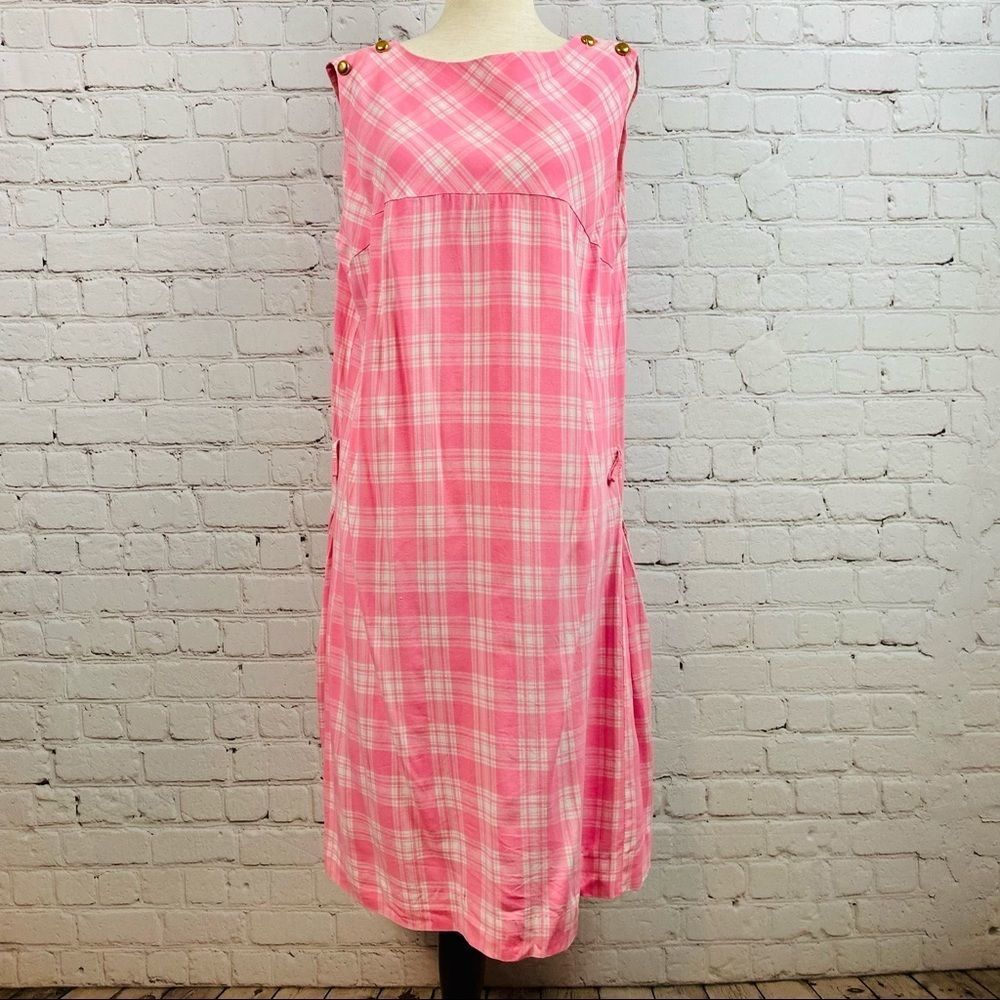 Vintage Pink Plaid Midi Dress Crew neck Sleeveless contour empire waist